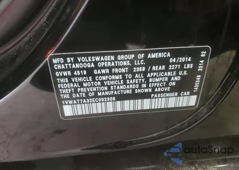 2014 Volkswagen Passat S from USA, damaged, VIN 1VWAT7A32EC092308